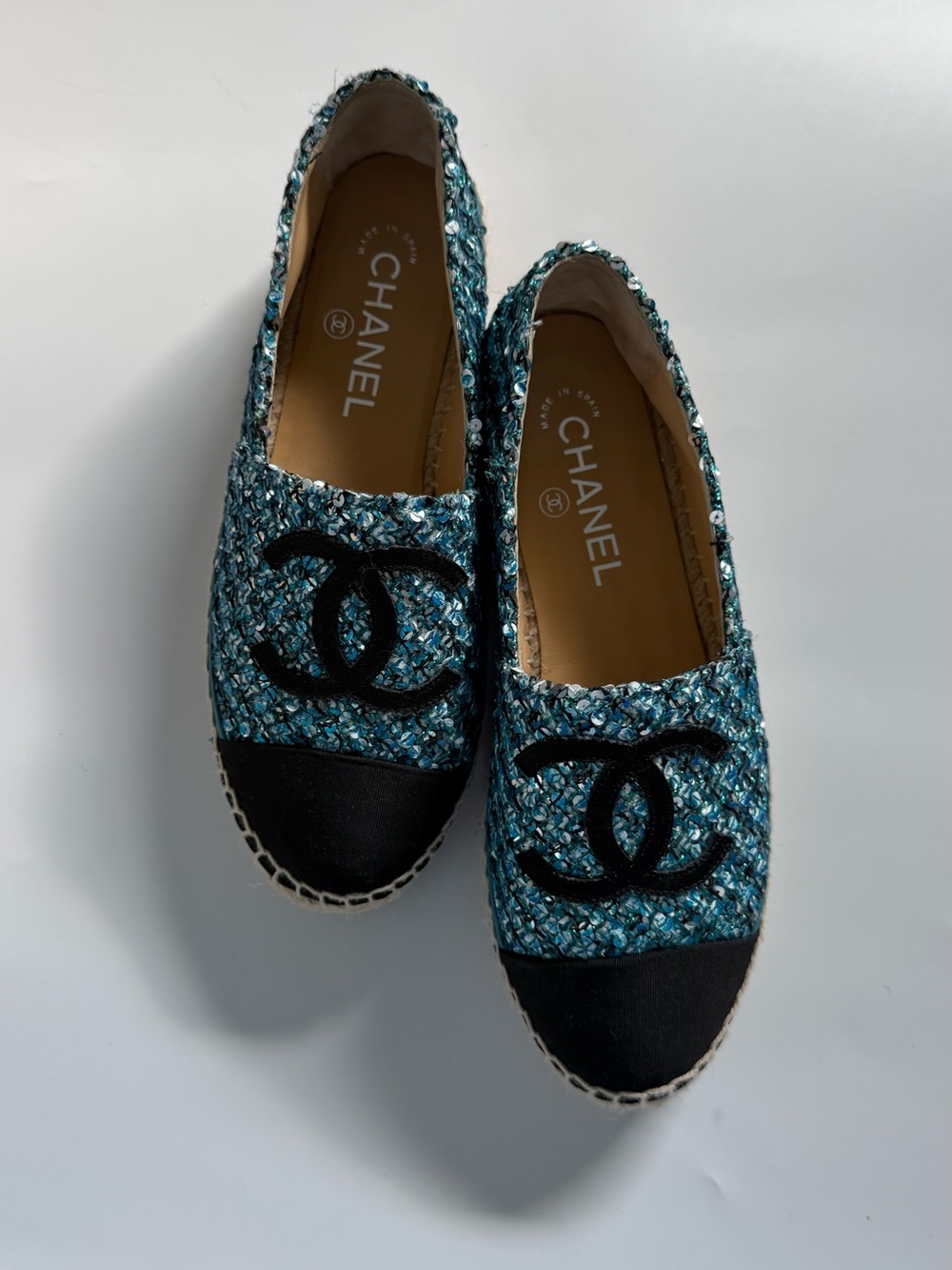 CHANEL Teal sequin Espadrilles with Black Cap Toe